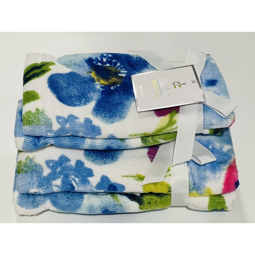 Deborah Connolly 4 PC SET BLUE PINK FLOWERS ON WHITE ,HAND & TIP TOWELS